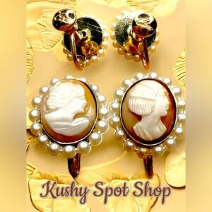 Vintage✨🌬️ CORO™️ CAMEO LADY w/ w/ Faux Pearls Gold tone Screw back Earrings✨🌬️